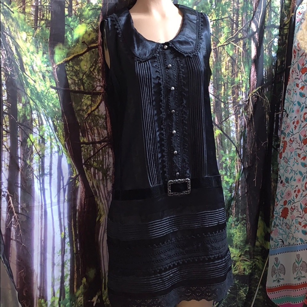 Anna Sui Black Sleeveless Midi Dress with Pintuck & Lace Details